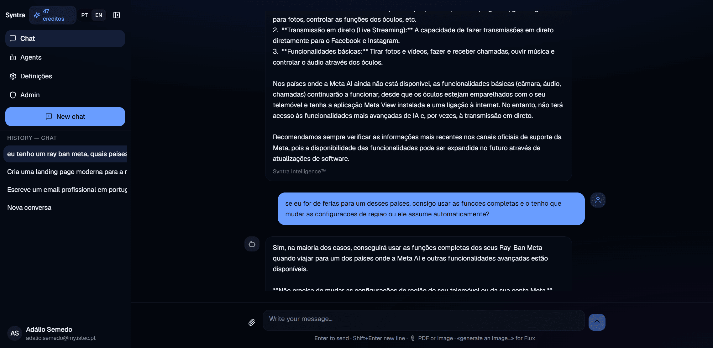 Syntra chat with a user prompt and AI response.